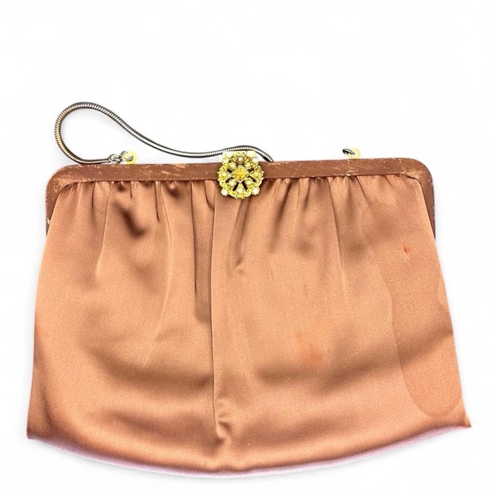 Vintage Andé Brown Satin Evening Bag Rhinestone Clasp Chain Strap